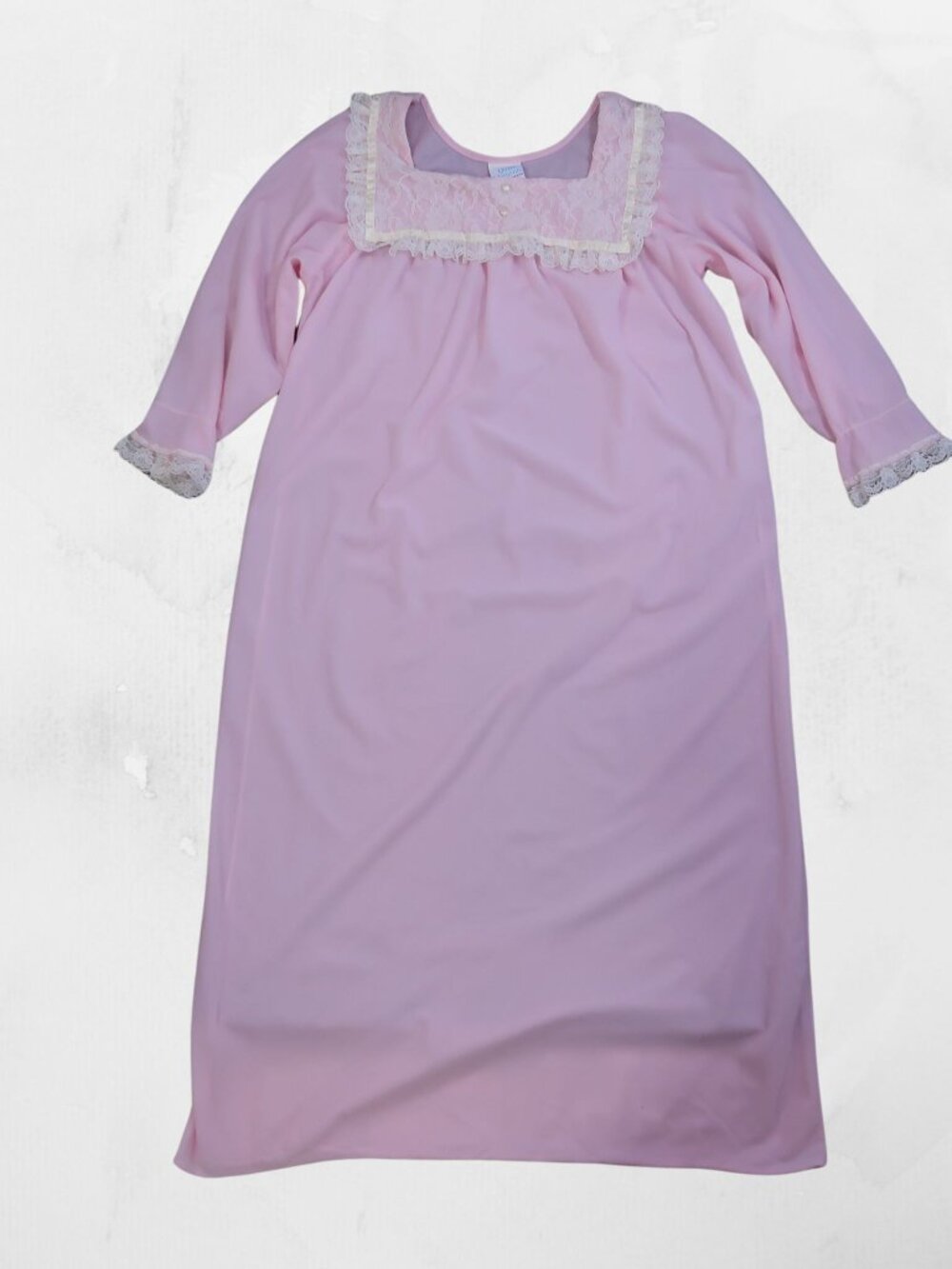 Quiet Moments Pink Nightgown Lace Collar Pearl Accents Chambray Soft Large VTG